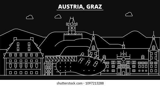 Graz silhouette skyline. Austria - Graz vector city, austrian linear architecture, buildings. Graz travel illustration, outline landmarks. Austria flat icons, austrian line banner