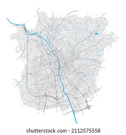Graz, Styria, Austria high resolution vector map with city boundaries and editable paths. White outlines for main roads. Many detailed paths. Blue shapes and lines for water.