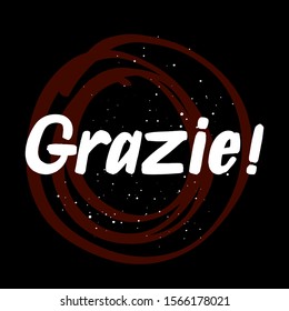 Grazie brush paint hand drawn lettering on black background with splashes. Thanks in italian language design  templates for greeting cards, overlays, posters