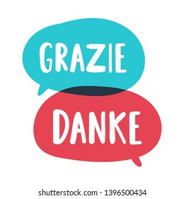 Grazie, danke. Bilingual translation concept. Vector hand drawn, lettering illustration on white background.