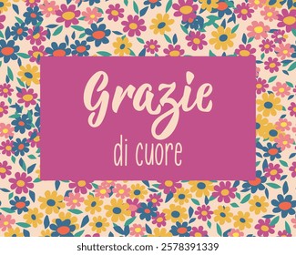 Grazie di cuore. Translation from Italian - Thank you very much. Greeting card with hand drawn lettering.