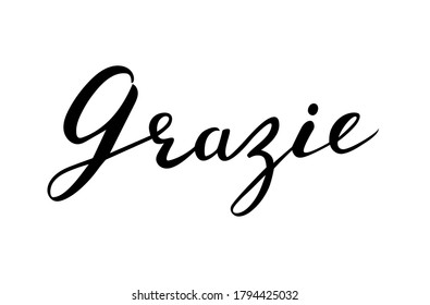 Grazie handwritten lettering. Thank you in Italian language. Ink illustration. Modern brush calligraphy. Isolated on white background. Gratitude words for postcards.