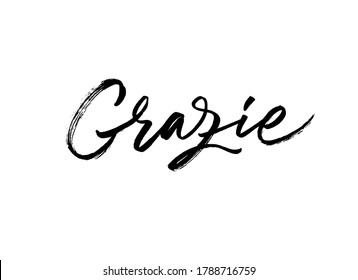 Grazie ink brush vector lettering. Thank you in Italian. Modern phrase handwritten vector calligraphy. Black paint lettering isolated on white background. Postcard, greeting card, t shirt print.