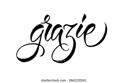 Grazie - thank you in Italian as ad, web banner. Translated Thank you. Lettering for banner, header, card, poster, flyer. Gratitude words for postcards. Modern brush calligraphy.