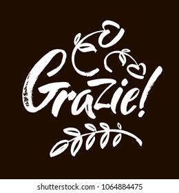 Grazie - thank you in Italian. Calligraphy inscription, white word on black background. Handwritten note. Modern brush calligraphy. Vector