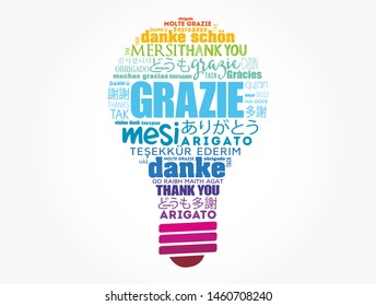 Grazie (Thank You in Italian) light bulb word cloud background in different languages