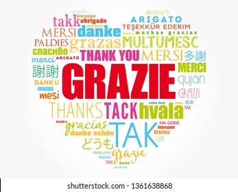 Grazie (Thank You in Italian) love heart word cloud background in different languages