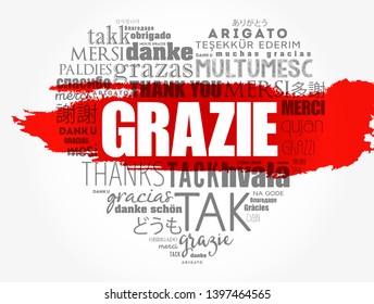 Grazie (Thank You in Italian) love heart word cloud background in different languages