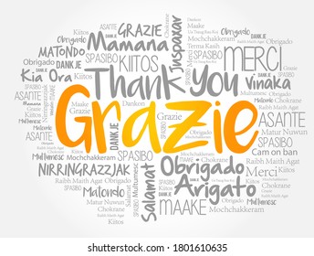 Grazie (Thank You in Italian) word cloud background in different languages