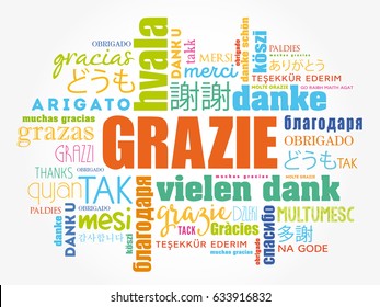 Grazie (Thank You in Italian) Word Cloud background, all languages, multilingual for education or thanksgiving day