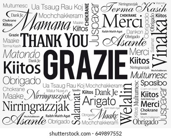 Grazie (Thank You in Italian) Word Cloud background, all languages, multilingual for education or thanksgiving day