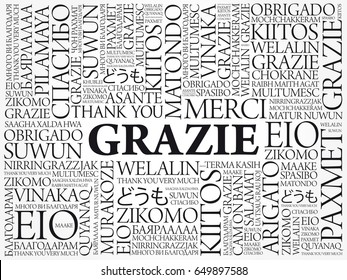 Grazie (Thank You in Italian) Word Cloud background, all languages, multilingual for education or thanksgiving day