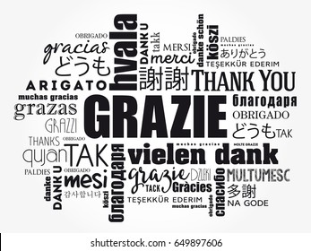 Grazie (Thank You in Italian) Word Cloud background, all languages, multilingual for education or thanksgiving day