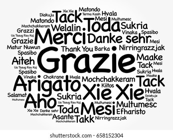 Grazie (Thank You in Italian) Word Cloud background, all languages, multilingual for education or thanksgiving day