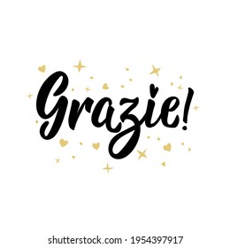 Grazie. Translation from Italian: Thank you. Lettering. Ink illustration. Modern brush calligraphy Isolated on white background.