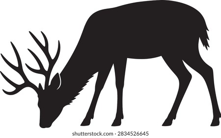 Grazing Buck Deer Silhouette Vector Icon Antlers Wildlife Forest Animal Black Illustration