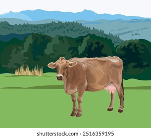 Vaca pastando contra uma paisagem rural. Pastagens, grama verde. Prado alpino. Ilustração vetorial em estilo realista