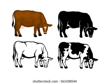 Grazing Cow in brown color, contour and patched silhouette set