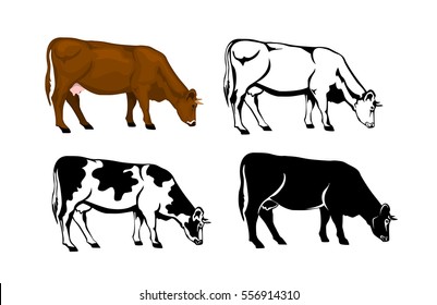 grazing cow in brown color, silhouette, contour and patched silhouette  set