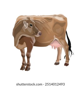 Vaca de pasto. Bovinos leiteiros castanhos suíços. Animais de criação. Gado. Ilustração de vetor isolada em um plano de fundo branco em um estilo realista