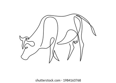 Grazing cow in continuous line art drawing style. Cow on pasture minimalist black linear sketch isolated on white background. Vector illustration