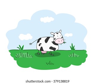 Grazing Cow, a hand drawn vector illustration of a cow grazing on a field of grass.