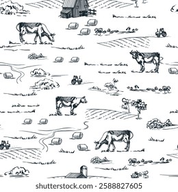 Grazing cows on farm meadows seamless pattern. Vector hand drawn sketch illustration. Farming and agriculture rural landscape doodle background. Textile print, fabric, wrapping paper, package design