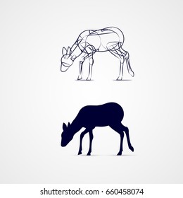 Grazing Female Deer Silhouette with Sketch Template on Gray Background