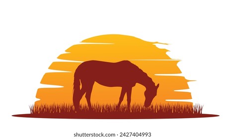 Grazing Horse Silhouette in Sunrise. Nature and domestic animals concept vector