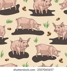 Grazing pigs pattern seamless colorful with piglets and boars in clearing looking for acorns from oak tree vector illustration