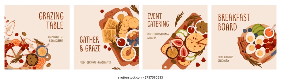 Grazing table catering and breakfast board banner templates for restaurant branding, social media, and event promotion. Gourmet charcuterie and artisan food.