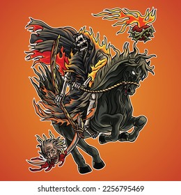 The Gream Reaper in his flaming robes rode a black horse, and it looked like he had killed an old man with his scythe.