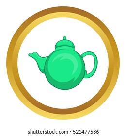 Grean teapot vector icon in golden circle, cartoon style isolated on white background