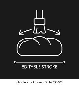 Grease for baking white linear icon for dark theme. Brushing oil on bread loaf. Baking recipe. Thin line customizable illustration. Isolated vector contour symbol for night mode. Editable stroke