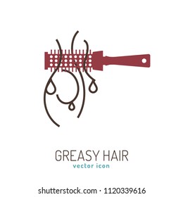 Greasy hair icon. Hair problems collection. Vector illustration in flat style isolated on a white background. Beauty, dermatology and health care concept in dark-red and brown colors.