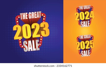 Great 2023 Sale, Sale Logo Label Unit, Online Shopping logo, E commerce Logo, Retail, Electronics, Textiles offers Logo, Festive Sale, 2023, 2024, 2025 3d Typography Design Vector 