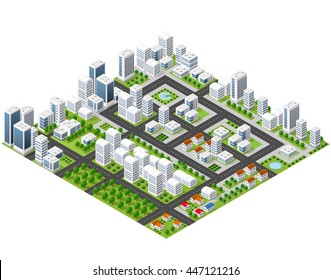 Great 3D metropolis of skyscrapers, houses, gardens and streets in a three-dimensional isometric view