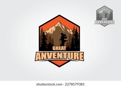 Great Adventure Vector Logo Template. The main symbol of the logo is mountain and pines tree, this logo symbolizes a nature, peace, and calm, this logo also look modern, sporty, simple and young. 