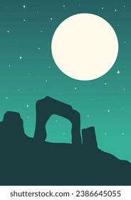 The Great American Desert midnight landscape illustration. Full moon in Monument Valley, Arizona.