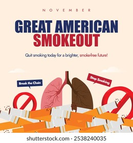 Great American Smoke out. 17th November American smoke out celebration banner with a pair of lungs, one lung is damaged due to smoking, cigarettes, ban symbol. The day is celebrated to fight tobacco.