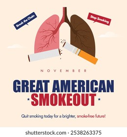 Great American Smoke out. 17. November amerikanischen Rauch-out-Feier-Banner mit zwei Lungen, eine Lunge ist mit Zigarettenrauchen infiziert.Der Tag ermutigt, das Rauchen aufzugeben.