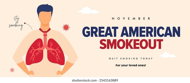 Great American Smoke out. 17th November American smoke out celebration banner with pair of lungs. The day encourages to quit smoking and to have smoke free future.