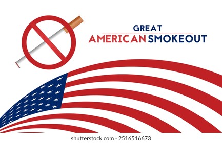 El gran diseño de Anuncio americano Smokeout en fondo blanco y negro. Bandera americana con el Vector del icono del cigarrillo. Ilustración vectorial de campaña para dejar de fumar.