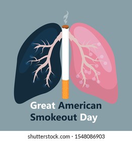 Great American Smokeout Day is organized on the third Thursday of November in USA. Medical concept vector with cigarette, lungs are presented for health care event.