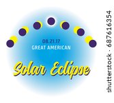 Great American Solar Eclipse 08.21.2017 showing the phases of the moon crossing the face of the sun. Corona of the sun visible at totality. Vector.