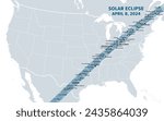 Great American Total Solar Eclipse of April 8, 2024. Political map containing names of cities inside the path of totality. Visible across North America, passing over Mexico, United States, and Canada.