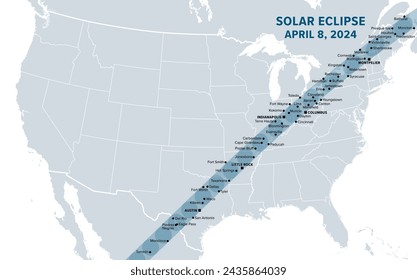 Great American Total Solar Eclipse of April 8, 2024. Political map containing names of cities inside the path of totality. Visible across North America, passing over Mexico, United States, and Canada. svg