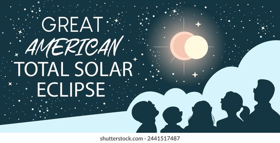 Great American total solar eclipse banner. People in glasses watching solar eclipse. Hand drawn vector design. 