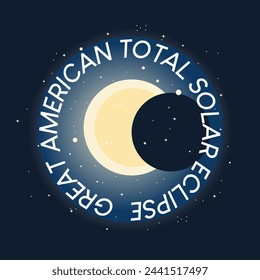 Great American total solar eclipse banner in round shape. Handdrawn illustration of solar eclipse. Vector illustration in dark background.