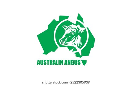 Gran logotipo de la cabeza de ganado Angus, silueta de mapa australiano verde y Ilustraciones vectoriales de cabeza de vaca